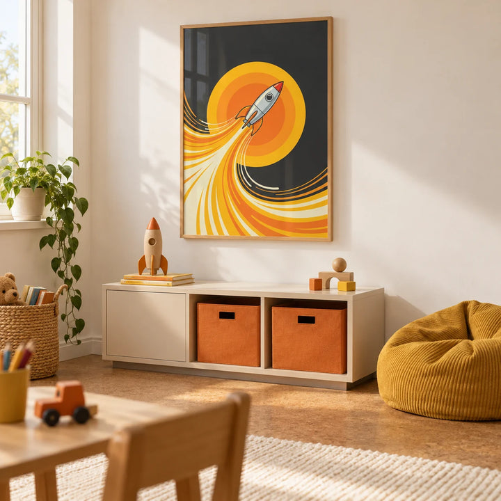 Rocket Wall Art, framed on the wall of a tidy modern playroom in a UK family home