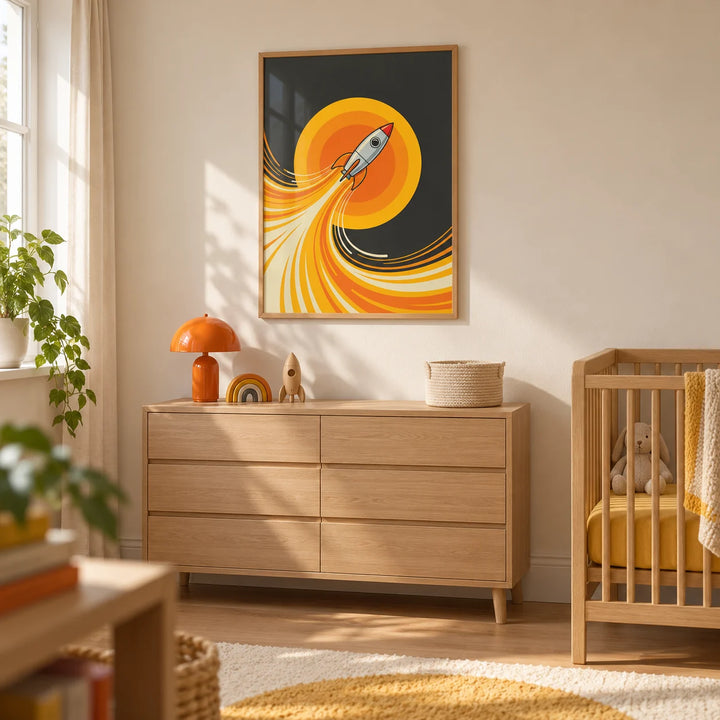 Rocket Wall Art, framed on the wall of a warm modern nursery in a UK terraced house