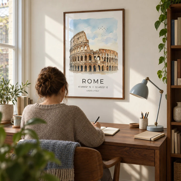 Rome Colosseum Art Print, framed on the wall of a quiet home study in a UK maisonette with a warm white wall and a walnut desk