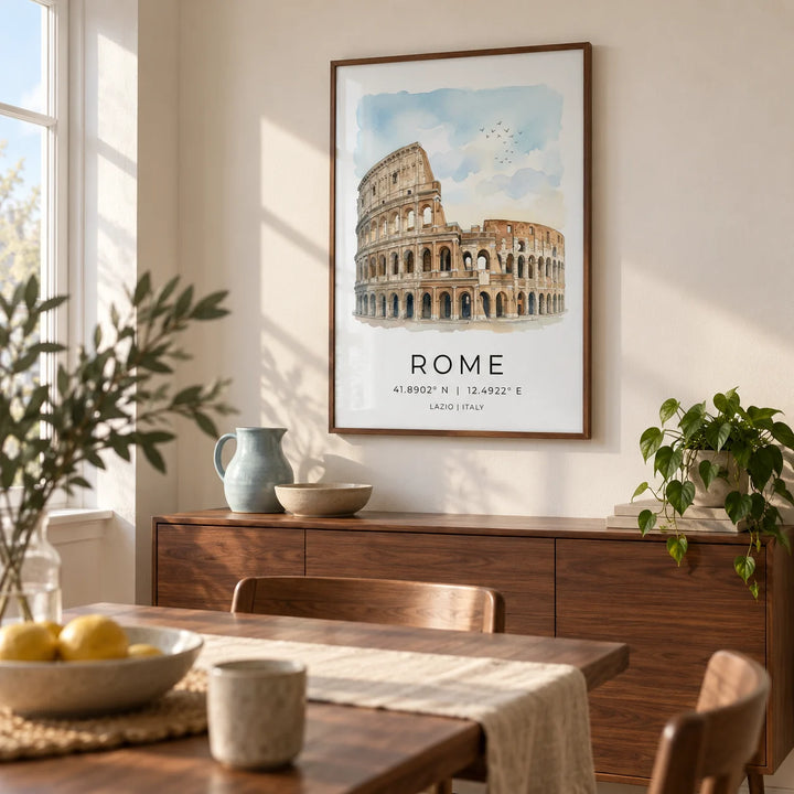 Rome Colosseum Art Print, framed on the wall of a relaxed dining room in a UK flat with warm white walls and a walnut dining table