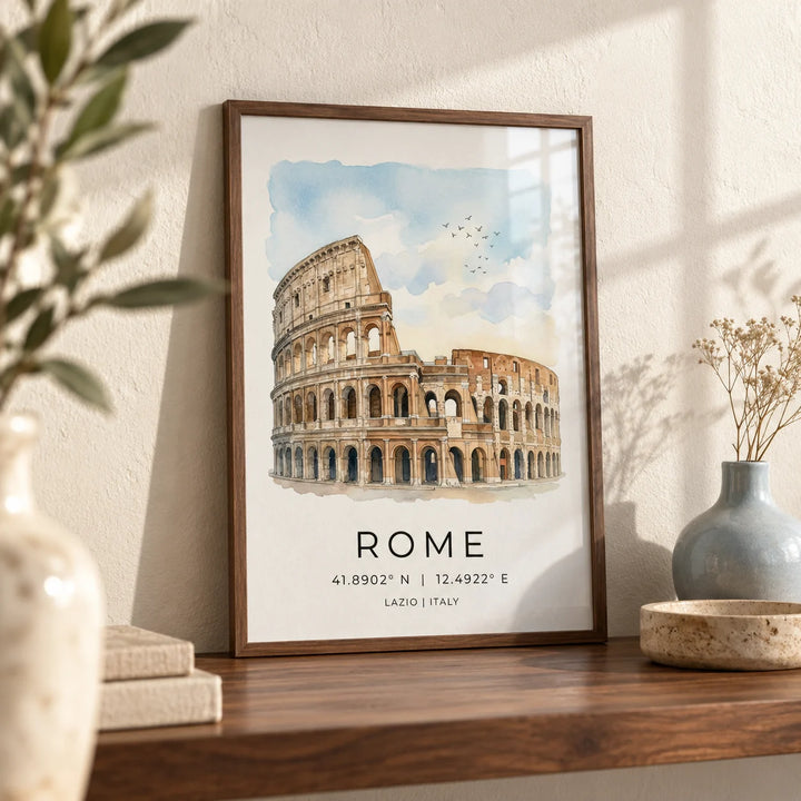 Rome Colosseum Art Print, a small A4 framed print leaning on a walnut shelf in a living room