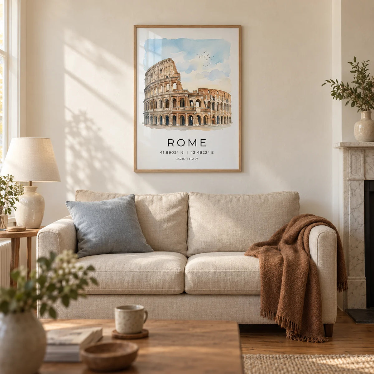 Rome Colosseum Art Print, framed on the wall of a warm living room in a Victorian terrace with ivory limewashed walls and an oak floor