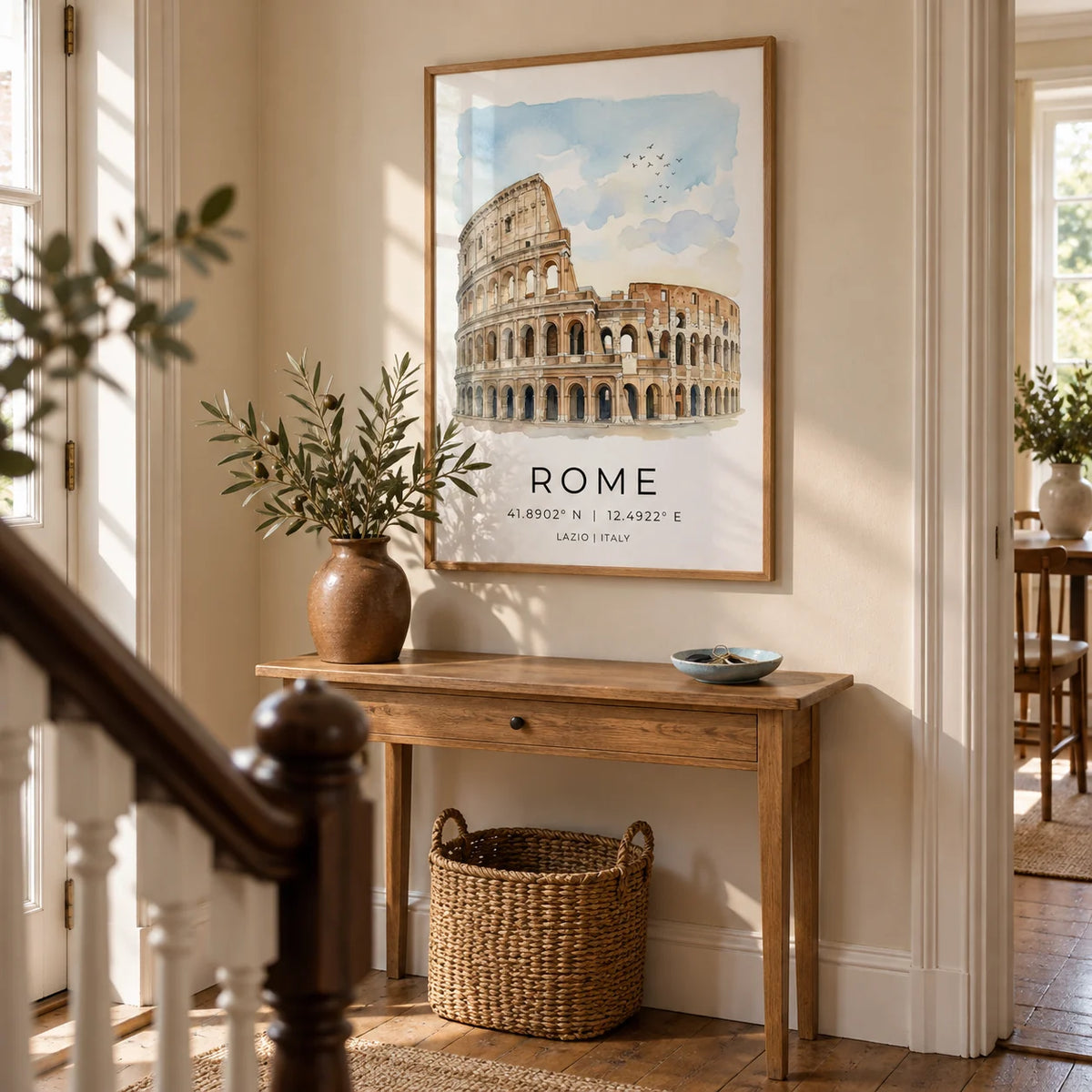 Rome Colosseum Art Print, framed on the wall of a welcoming hallway in a period UK terrace with pale sand walls and original timber floorboards