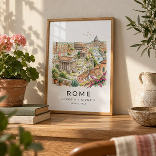 Rome Skyline Wall Art, a small A4 framed print leaning on an oak shelf in a living room