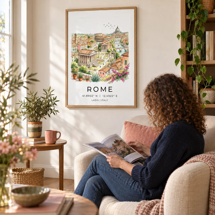 Rome Skyline Wall Art, framed on the wall of a travel lover's reading corner with a warm white wall in a living room