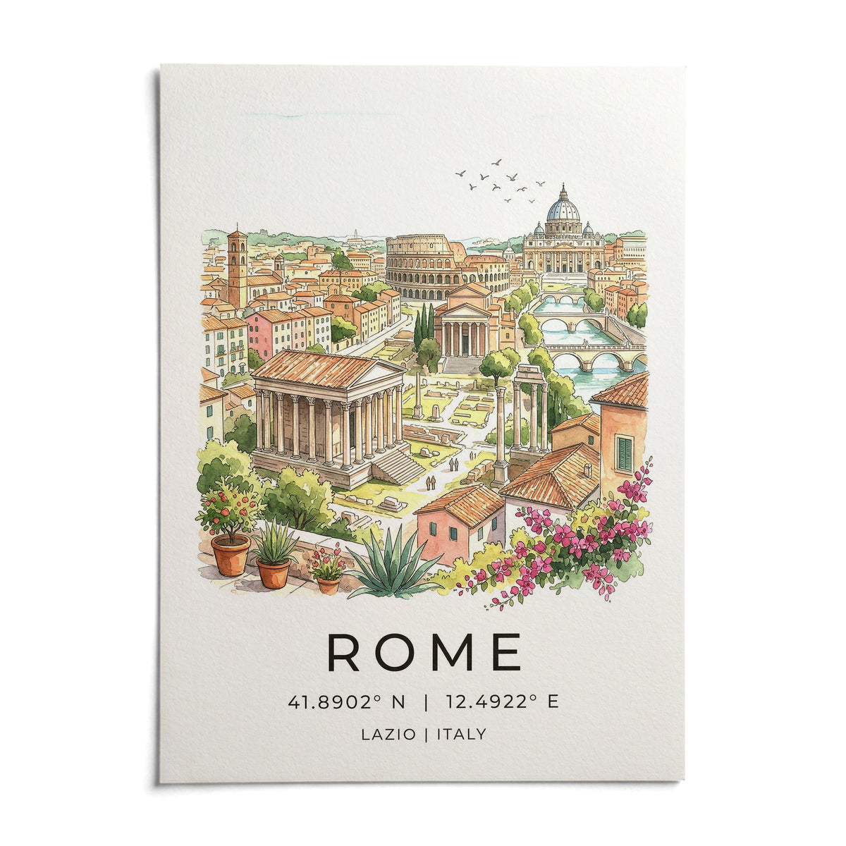 Rome Skyline Wall Art, shown as an unframed paper print on a plain white background