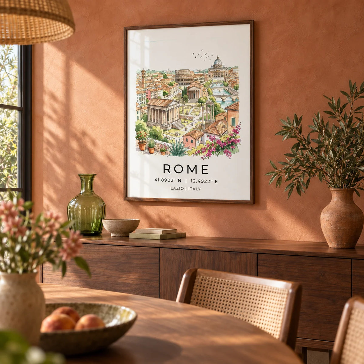 Rome Skyline Wall Art, framed on the wall of a warm dining room with a terracotta limewash wall
