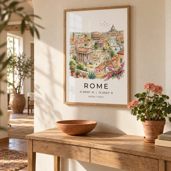 Rome Skyline Wall Art, framed on the wall of a warm hallway with a cream plaster wall