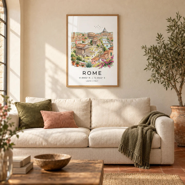 Rome Skyline Wall Art, framed on the wall of a warm Italian-modern living room with a soft cream plaster wall and a plain terracotta floor