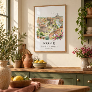 Rome Skyline Wall Art, framed on the wall of a warm Italian-style kitchen with olive green cabinets and a cream wall