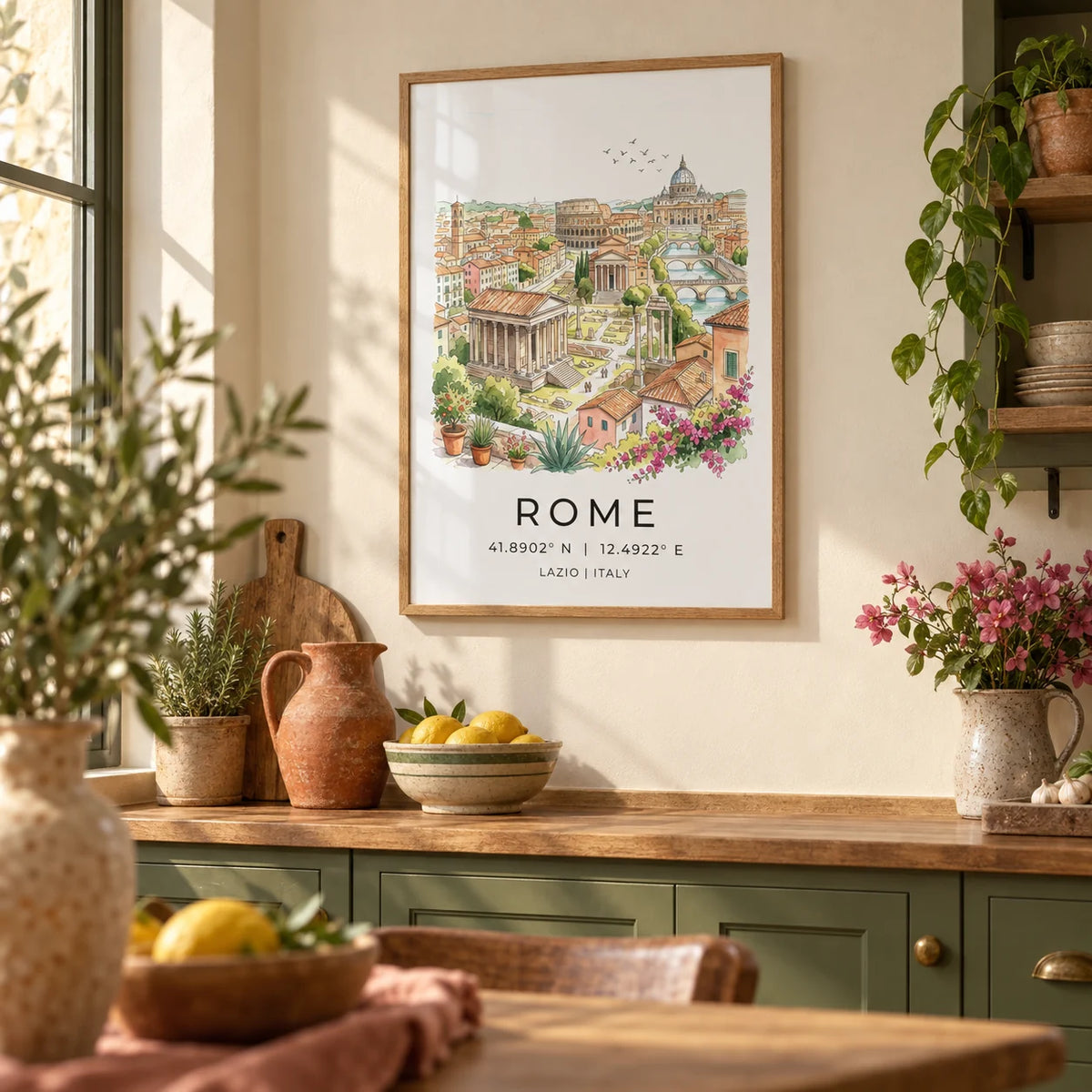 Rome Skyline Wall Art, framed on the wall of a warm Italian-style kitchen with olive green cabinets and a cream wall