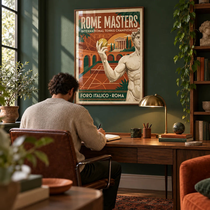 Rome Tennis Championship Poster, framed on the wall of a characterful study with a deep green wall
