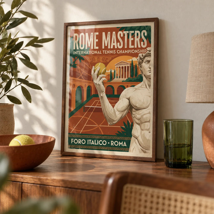 Rome Tennis Championship Poster, a small A4 framed print leaning on a walnut shelf in a living room