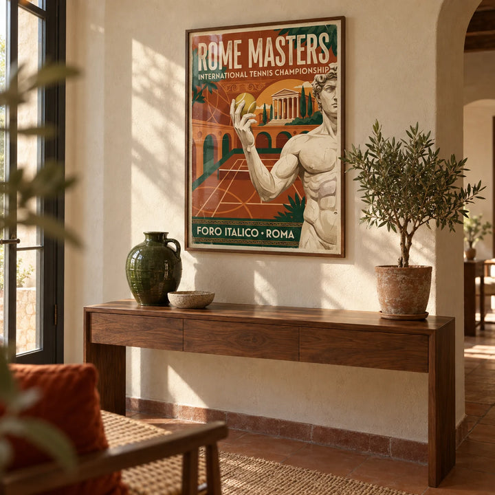 Rome Tennis Championship Poster, framed on the wall of a warm hallway with a cream plaster wall and a plain terracotta floor