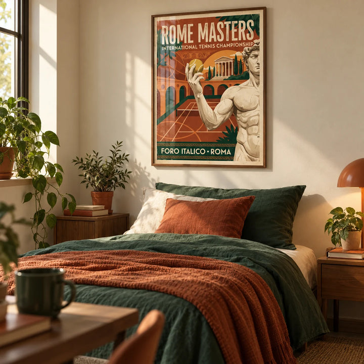 Rome Tennis Championship Poster, framed on the wall of a warm single bedroom for a young adult (18-25) with a cream wall