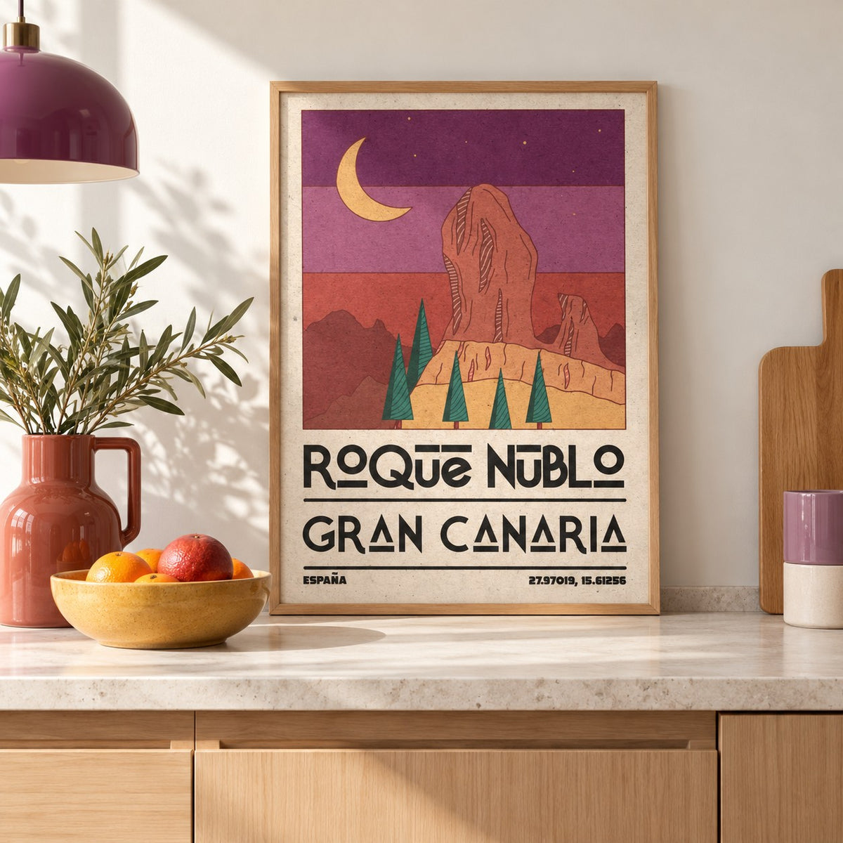 Roque Nublo Wall Art shown in a kitchen, leaning on the counter (frame not included)