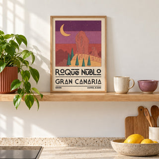 Roque Nublo Wall Art shown in the small A4 size on a kitchen shelf (frame not included)