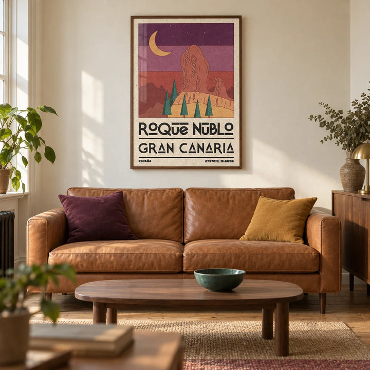 Roque Nublo Wall Art, framed on the wall of a warm modern living room in a UK Victorian terrace with cream plaster walls and oak floorboards