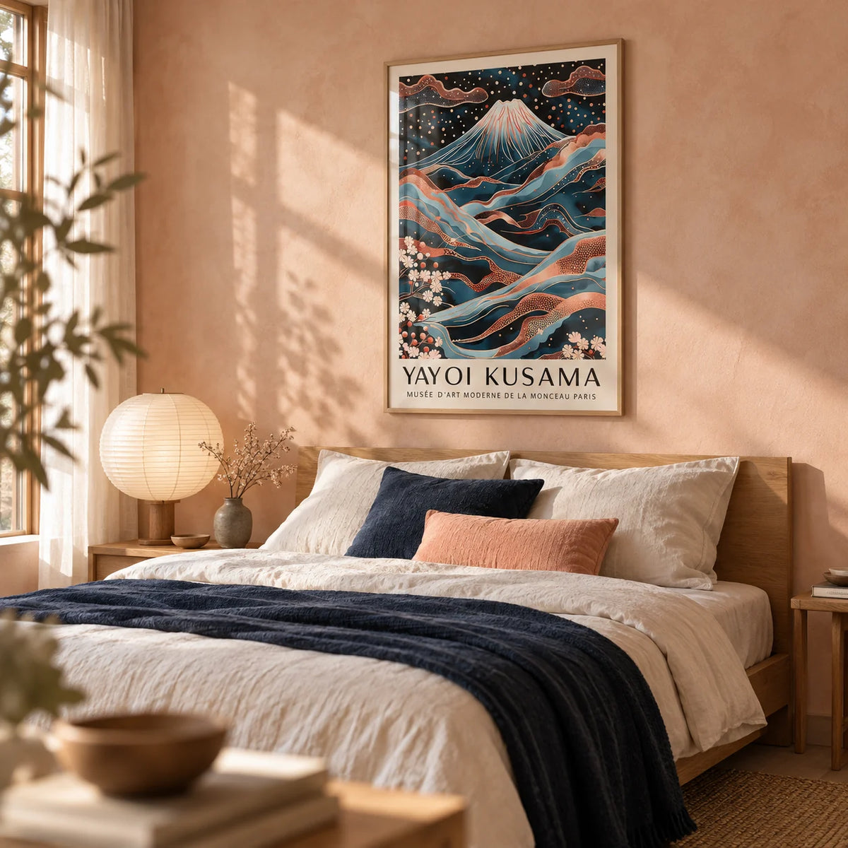 Rose Gold Wall Art, framed on the wall of a calm bedroom with a soft peach limewashed wall