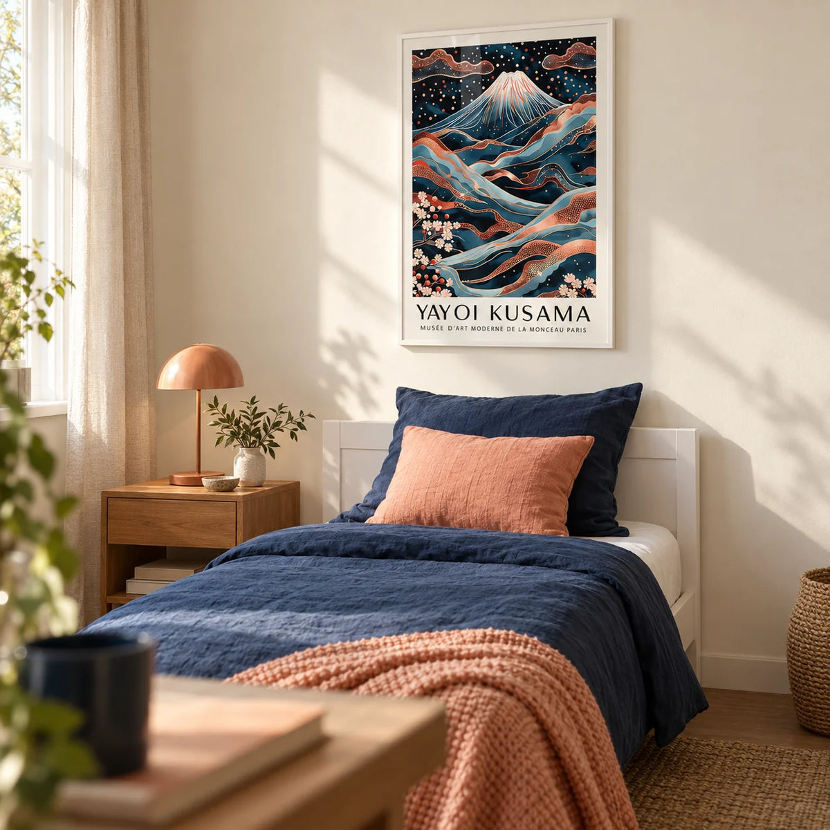 Rose Gold Wall Art, framed on the wall of a calm single guest bedroom with a soft cream wall