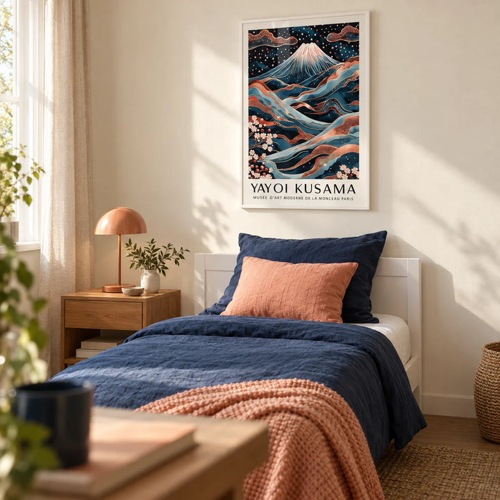 Rose Gold Wall Art, framed on the wall of a calm single guest bedroom with a soft cream wall