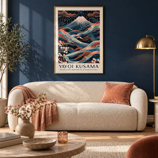 Rose Gold Wall Art, framed on the wall of an elegant living room with a deep navy painted wall and a pale oak floor