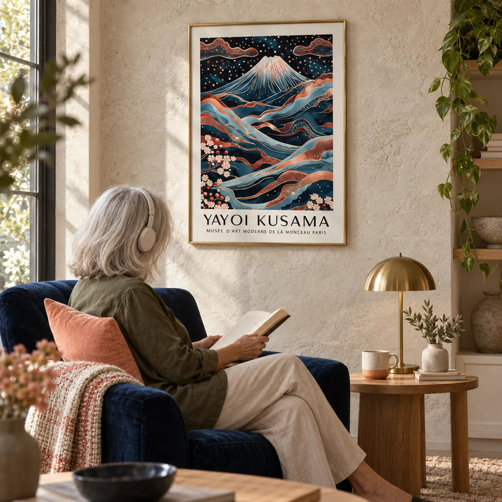 Rose Gold Wall Art, framed on the wall of a reading corner with a pale stone wall in a living room