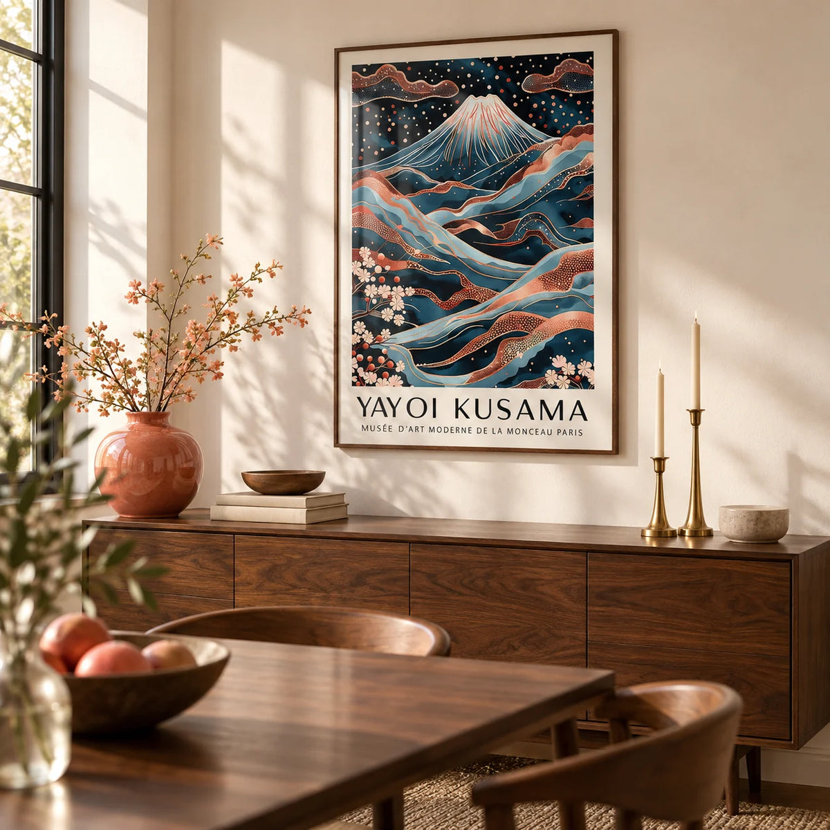 Rose Gold Wall Art, framed on the wall of a refined dining room with a warm cream wall