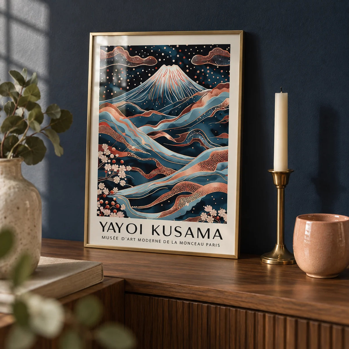 Rose Gold Wall Art, a small A4 framed print leaning on a walnut shelf in a living room
