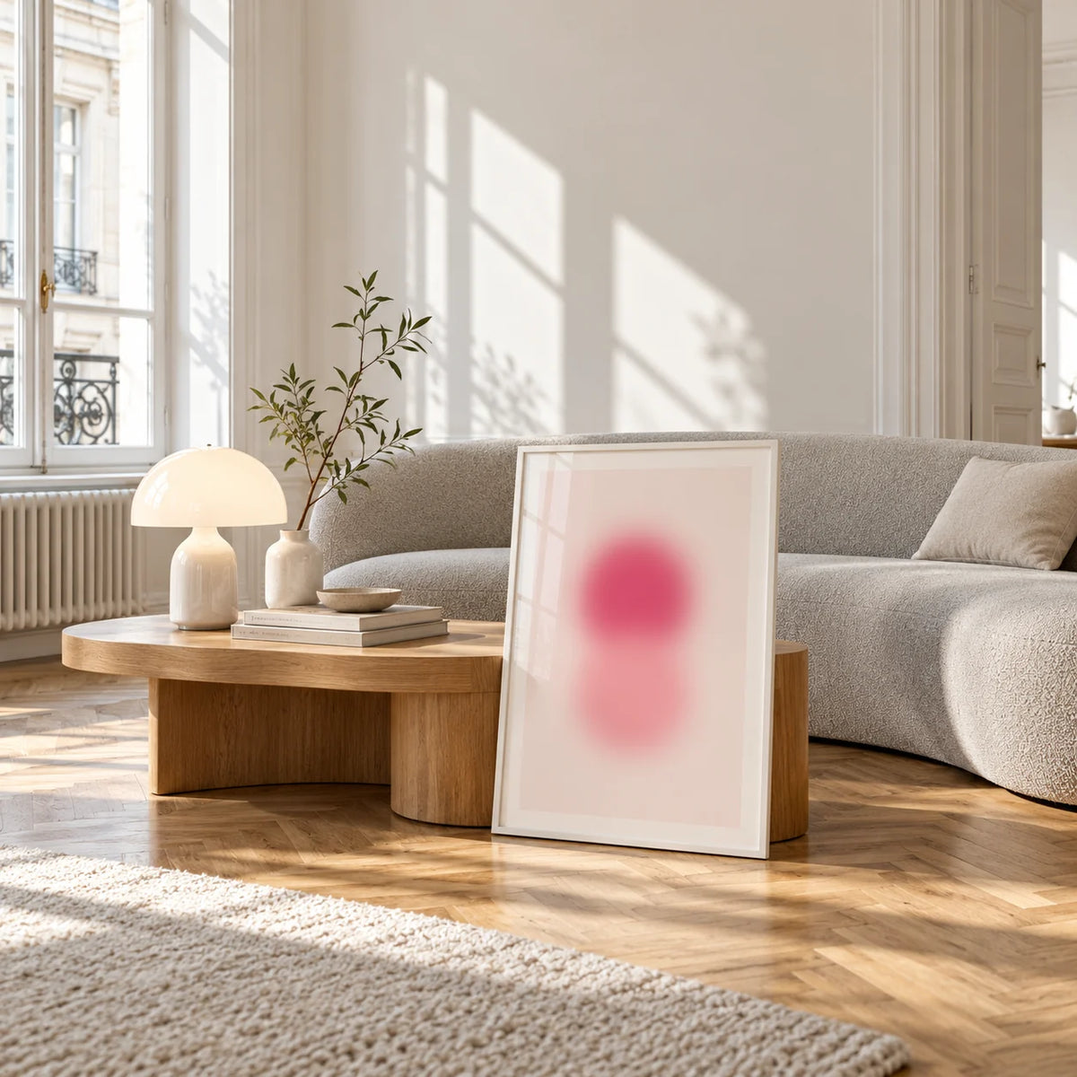 Rose Pink Wall Art, framed and leaning against a coffee table in a bright living room