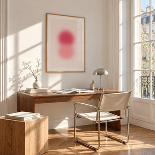 Rose Pink Wall Art, framed on the wall of a bright study corner with a tall white paned window