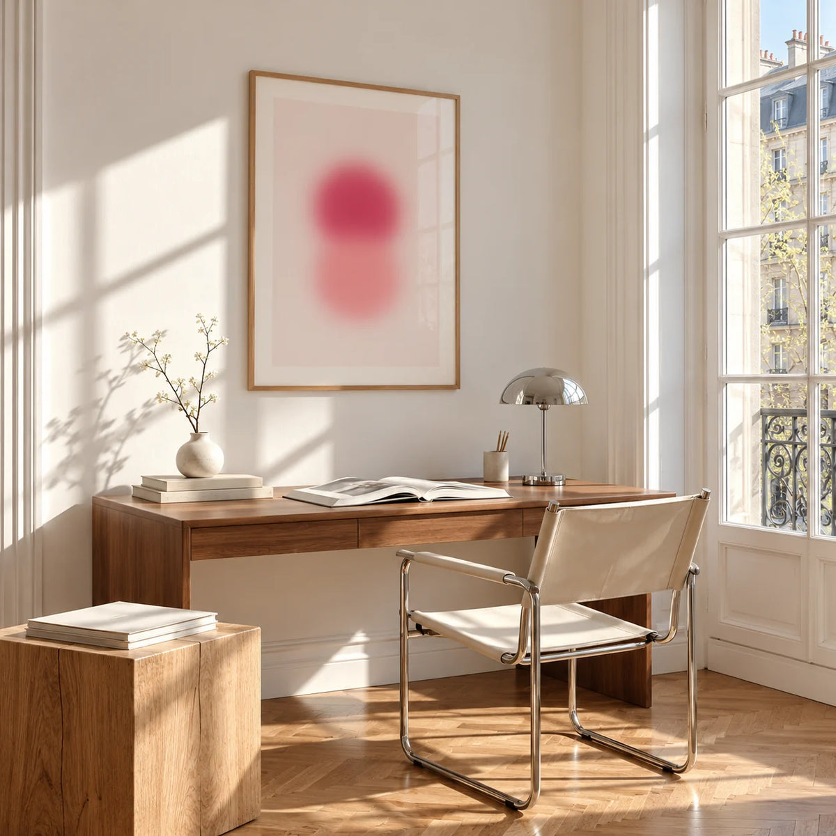 Rose Pink Wall Art, framed on the wall of a bright study corner with a tall white paned window