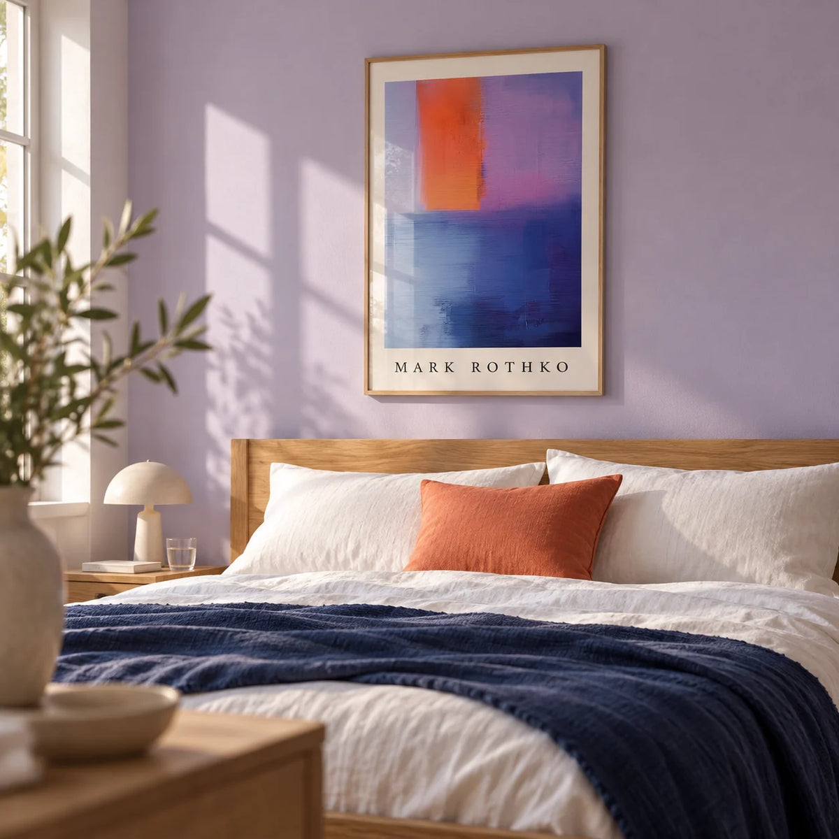 Rothko Art, framed on the wall of a calm bedroom with a soft lavender wall