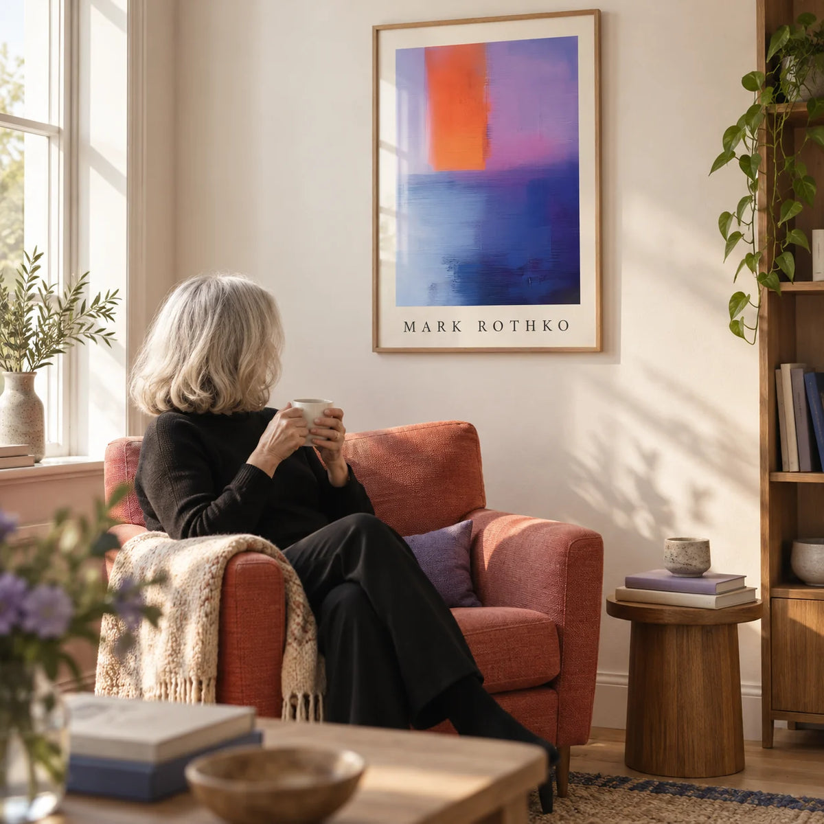 Rothko Art, framed on the wall of a quiet reading corner with a cream wall in a living room