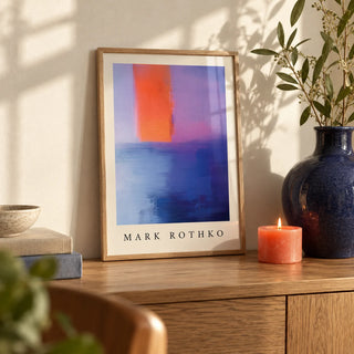 Rothko Art, a small A4 framed print leaning on an oak shelf in a living room