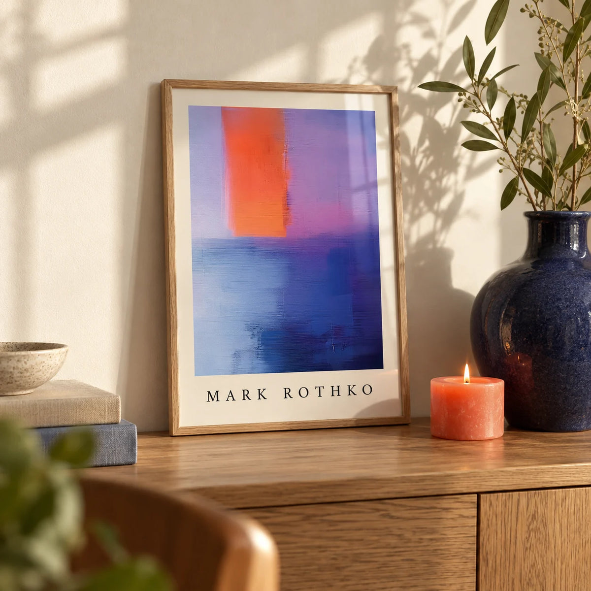 Rothko Art, a small A4 framed print leaning on an oak shelf in a living room