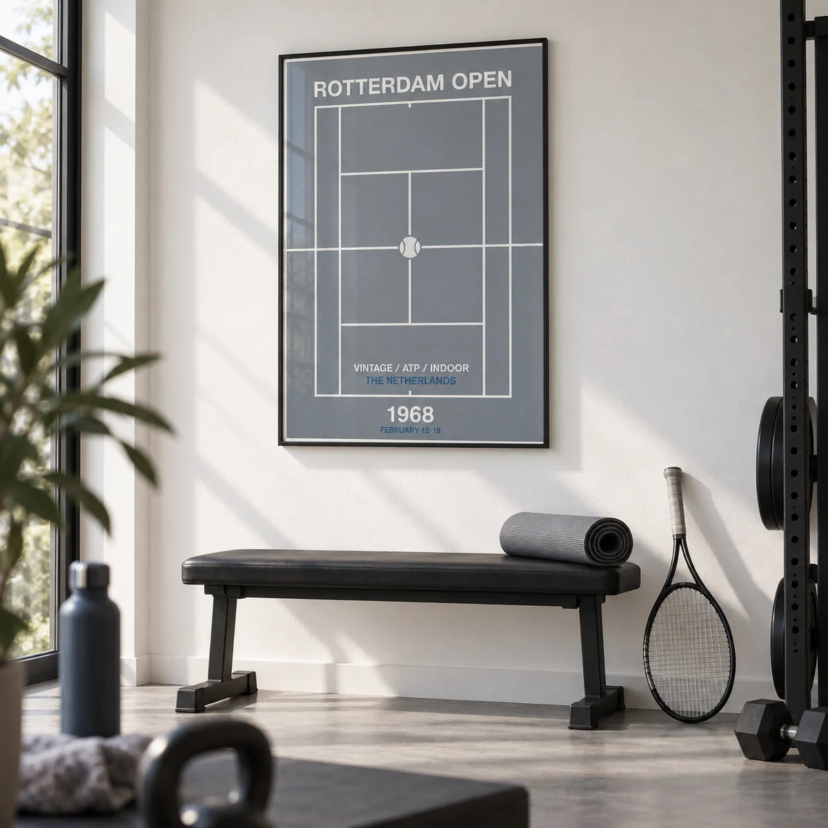 Rotterdam Open Poster, framed on the wall of a clean home gym with a white wall and a grey floor