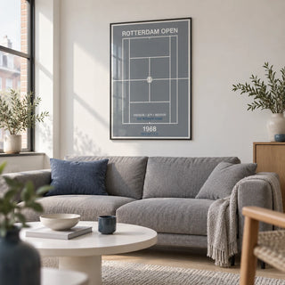 Rotterdam Open Poster, framed on the wall of a Dutch-modern city flat living room with a white wall and a pale oak floor