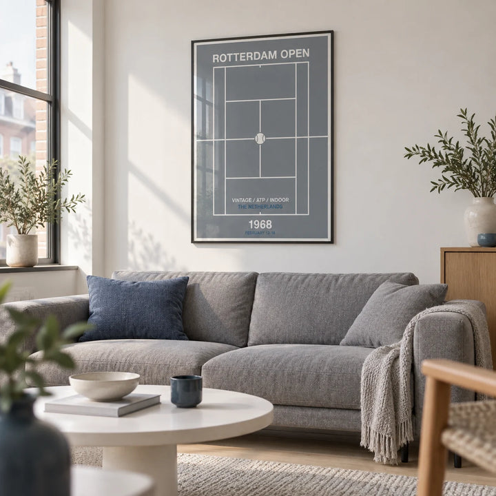 Rotterdam Open Poster, framed on the wall of a Dutch-modern city flat living room with a white wall and a pale oak floor