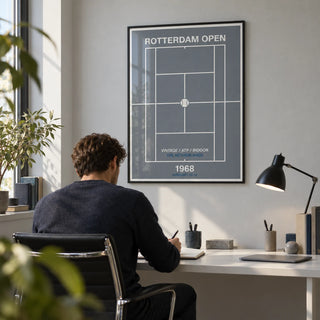 Rotterdam Open Poster, framed on the wall of a minimal home office with a pale grey wall