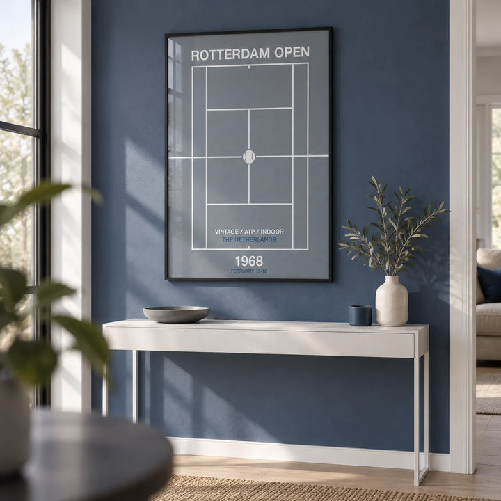 Rotterdam Open Poster, framed on the wall of a modern hallway with a blue painted wall