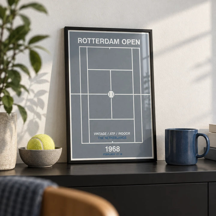 Rotterdam Open Poster, a small A4 framed print leaning on a black shelf in a living room