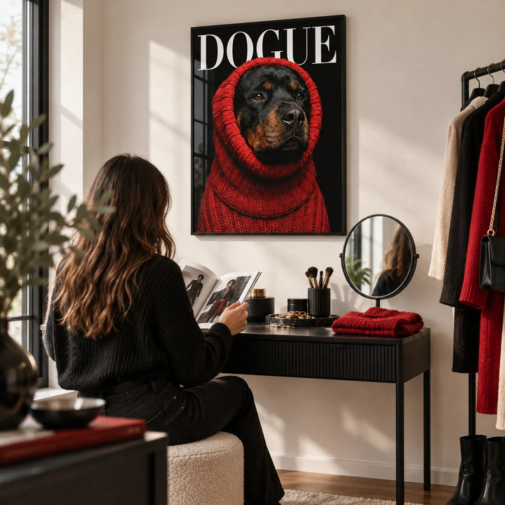 Rottweiler Art, framed on the wall of a fashion-loving dressing corner with a white wall in a bathroom
