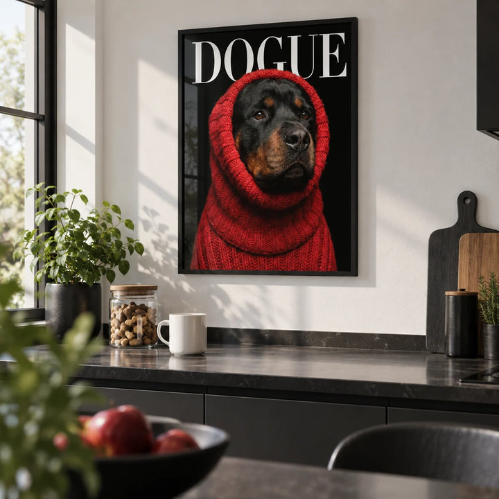 Rottweiler Art, framed on the wall of a modern black and white kitchen