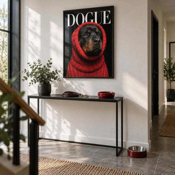 Rottweiler Art, framed on the wall of a modern hallway with a white wall and a grey stone floor