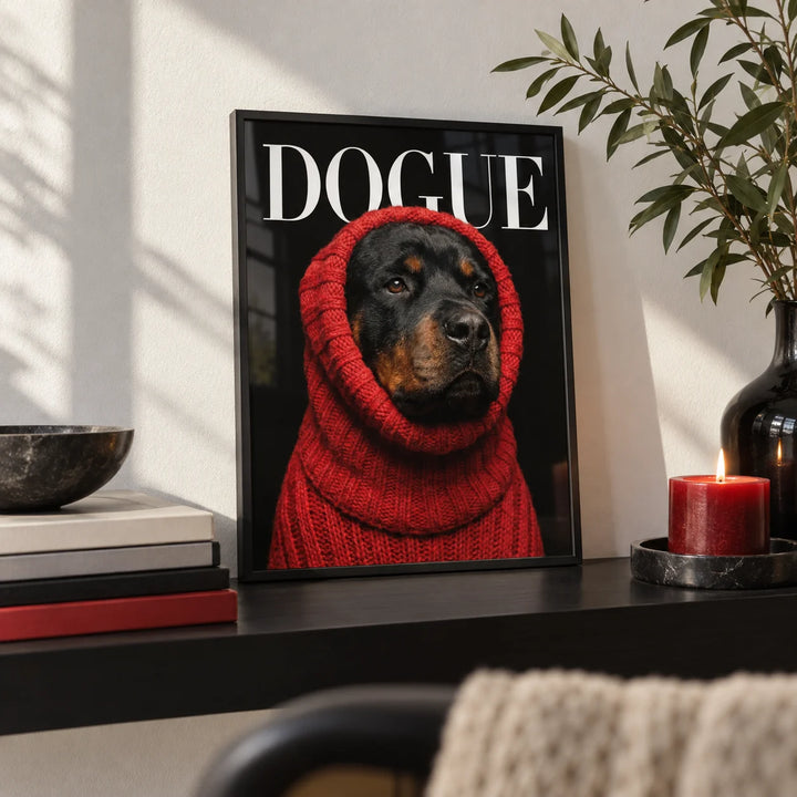 Rottweiler Art, a small A4 framed print leaning on a black shelf in a living room