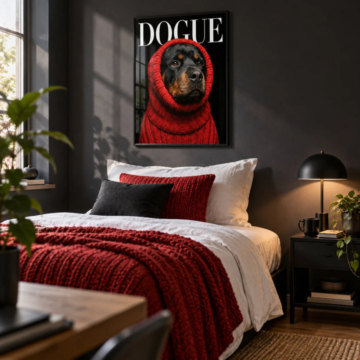 Rottweiler Art, framed on the wall of a stylish single bedroom for a young adult (18-25) with a charcoal wall
