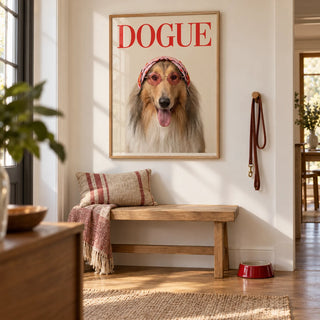 Rough Collie Dogue Print, framed on the wall of a bright hallway with a warm white wall and an oak floor