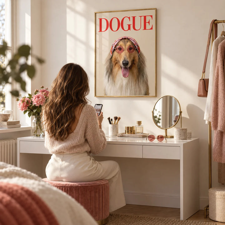 Rough Collie Dogue Print, framed on the wall of a fashion-loving dressing corner with a warm white wall in a bathroom