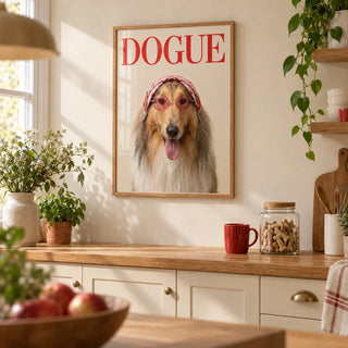 Rough Collie Dogue Print, framed on the wall of a friendly kitchen with cream cabinets and a pale beige wall